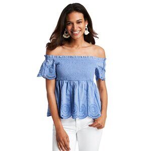 new Vineyard Vines Off the Shoulder Blue Marlin Eyelet Smocked Top Small